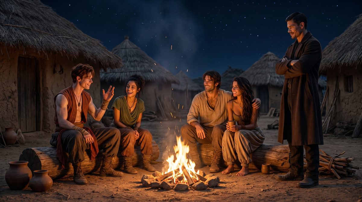 Five characters from Aethenveil around a campfire in a village at night