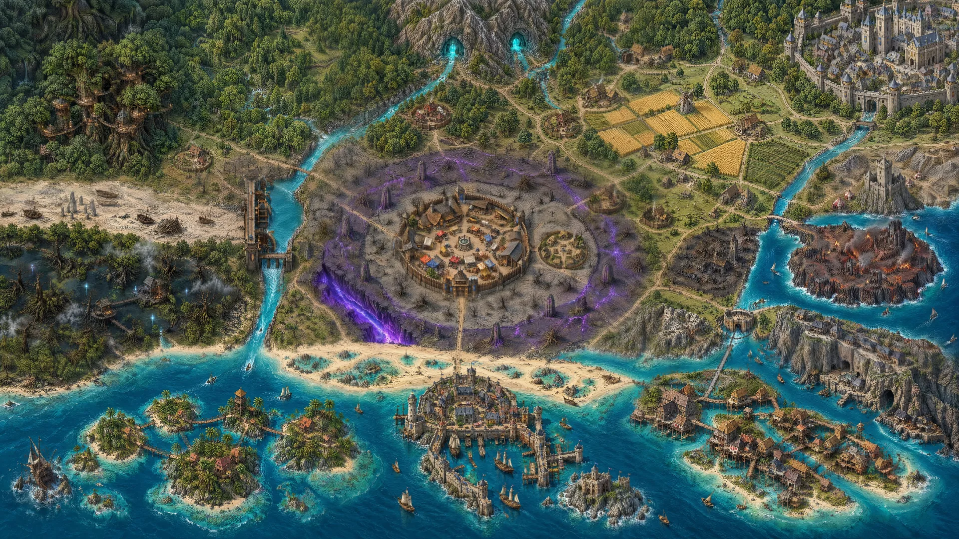 The painted world map of Aethenveil: forest to the north-west, a kingdom to the north-east, islands and a port to the south, and a dead zone in the middle